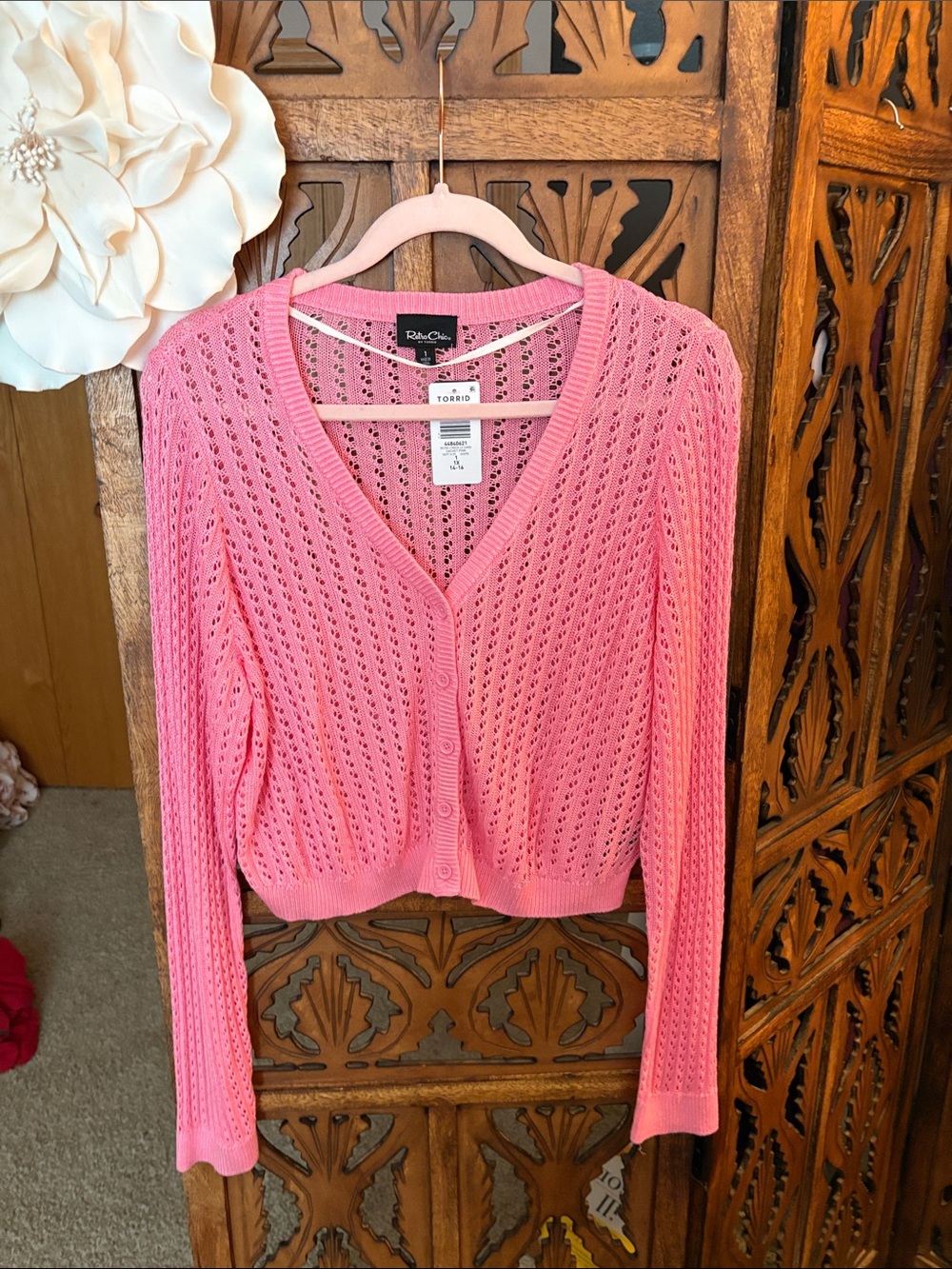 Retro Chic Pink Openwork Crop Button Cardigan